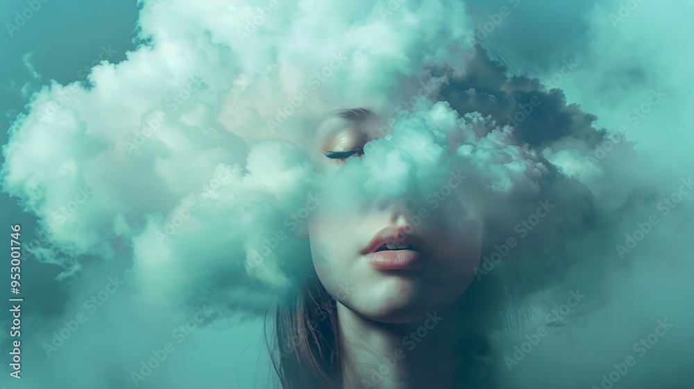 A surreal image of a woman's face partially obscured by clouds, evoking a dreamlike atmosphere. A surreal image of a woman's face partially obscured by clouds, evoking a dreamlike atmosphere.