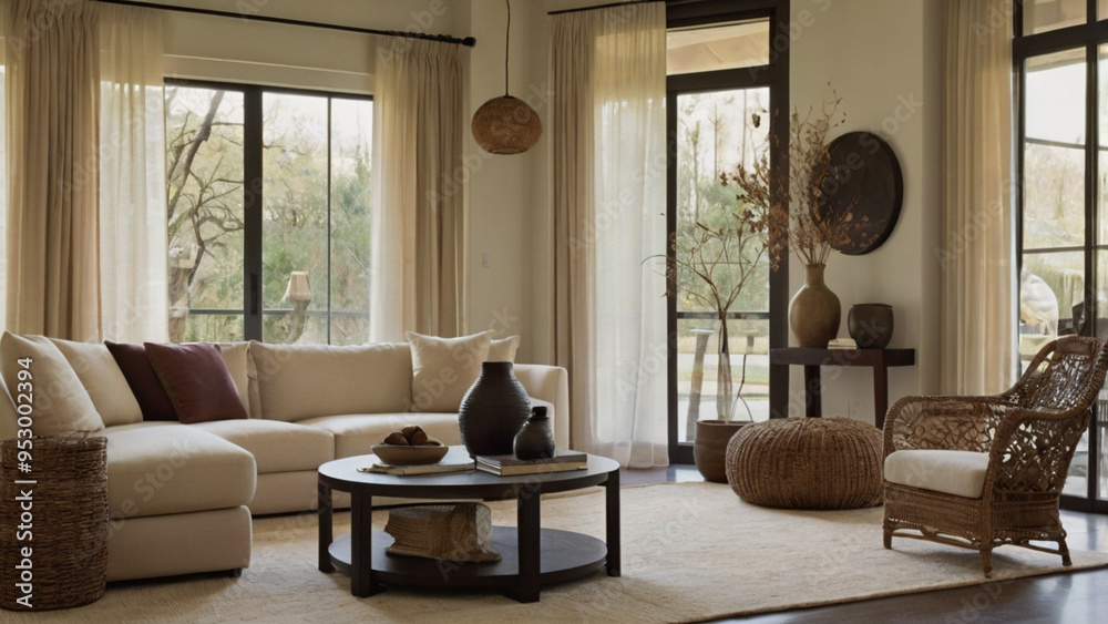 A living room with a large couch, a coffee table, and a vase with flowers A living room with a large couch, a coffee table, and a vase with flowers