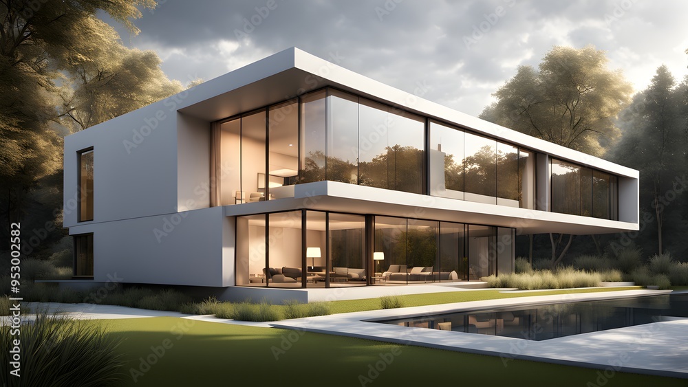 A large white house with a pool and a large glass window A large white house with a pool and a large glass window