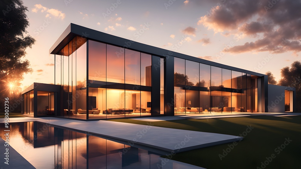 A large house with a pool and a large glass window A large house with a pool and a large glass window