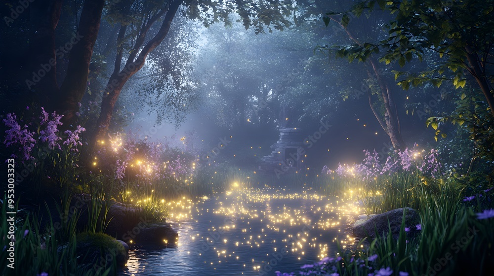 Enchanted forest clearing with a glowing pond fireflies and ancient ruins at twilight Fairy tale-inspired with glowing elements soft mystical lighting and 3D-rendered enchanted flora Enchanted forest clearing with a glowing pond fireflies and ancient ruins at twilight Fairy tale-inspired with glowing elements soft mystical lighting and 3D-rendered enchanted flora