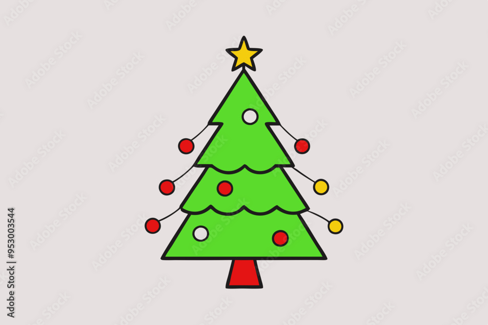 Christmas tree with light vector line art illustration