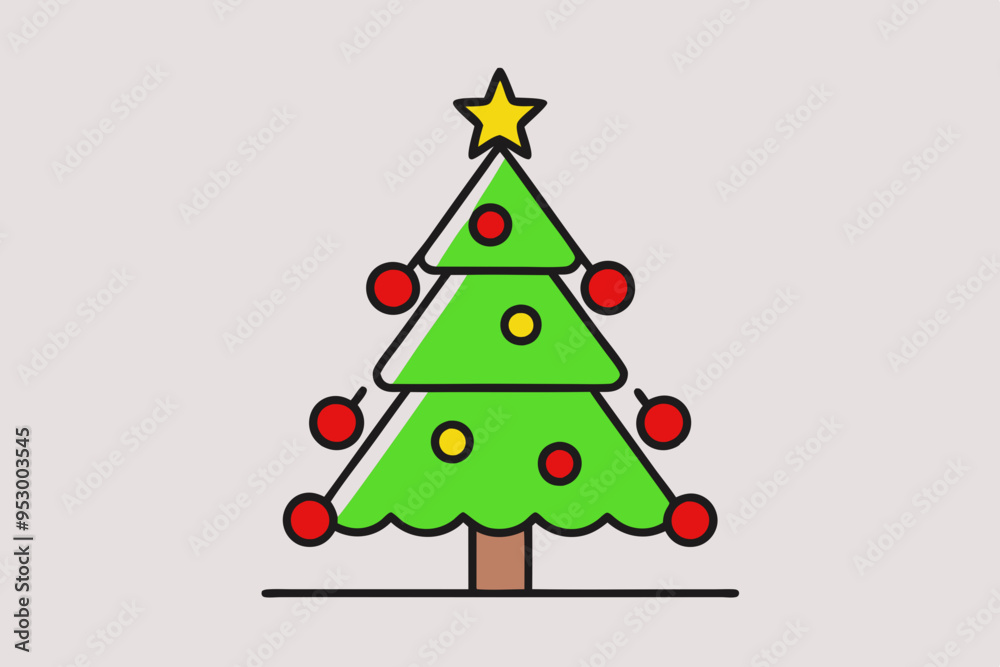 Christmas tree with light vector line art illustration