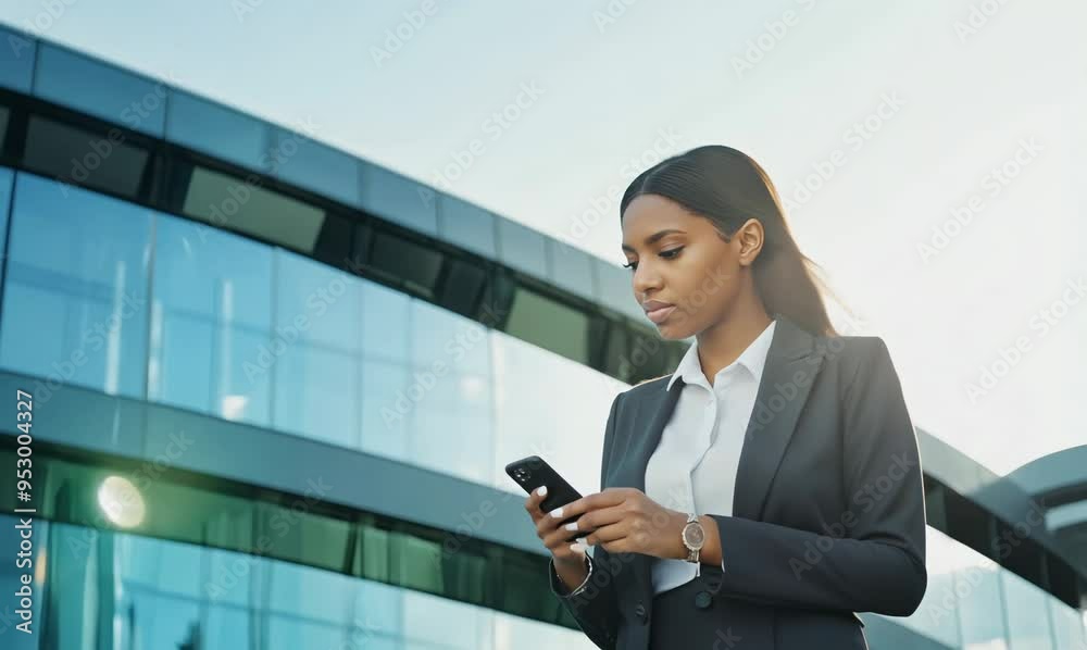 Botswanan Woman in Suit Using Smartphone Outside Glass Building