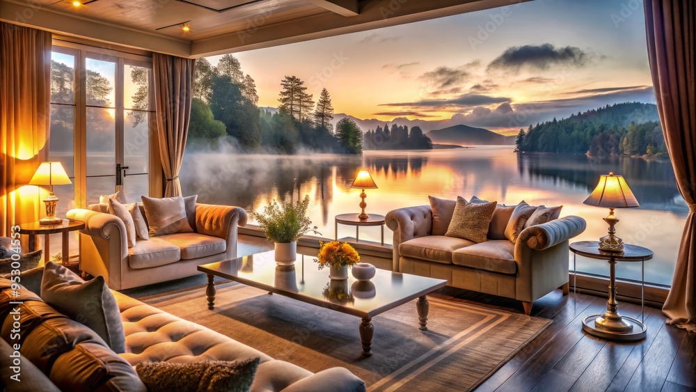 Plush velvets, polished woods, and subtle lighting effortlessly combine with Windermere's serene lakefront, casting a warm, golden glow as misty dawn awakens, blending nature and opulence. Plush velvets, polished woods, and subtle lighting effortlessly combine with Windermere's serene lakefront, casting a warm, golden glow as misty dawn awakens, blending nature and opulence.