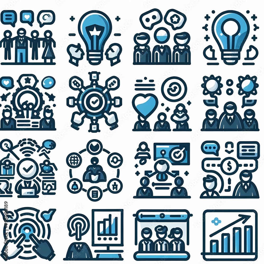 Team icon set. Collection includes motivation, brainstorming, goal ...