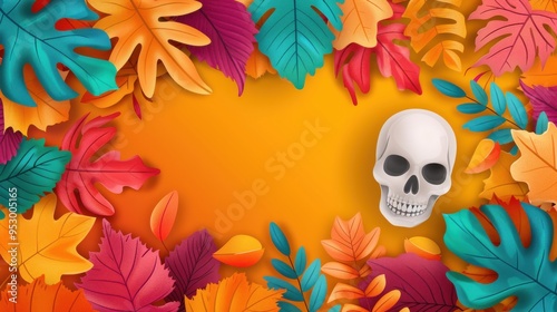 Vector illustration of an abstract autumn scene with a skull, pumpkins, and vibrant leaves, high-resolution, creative and haunting background