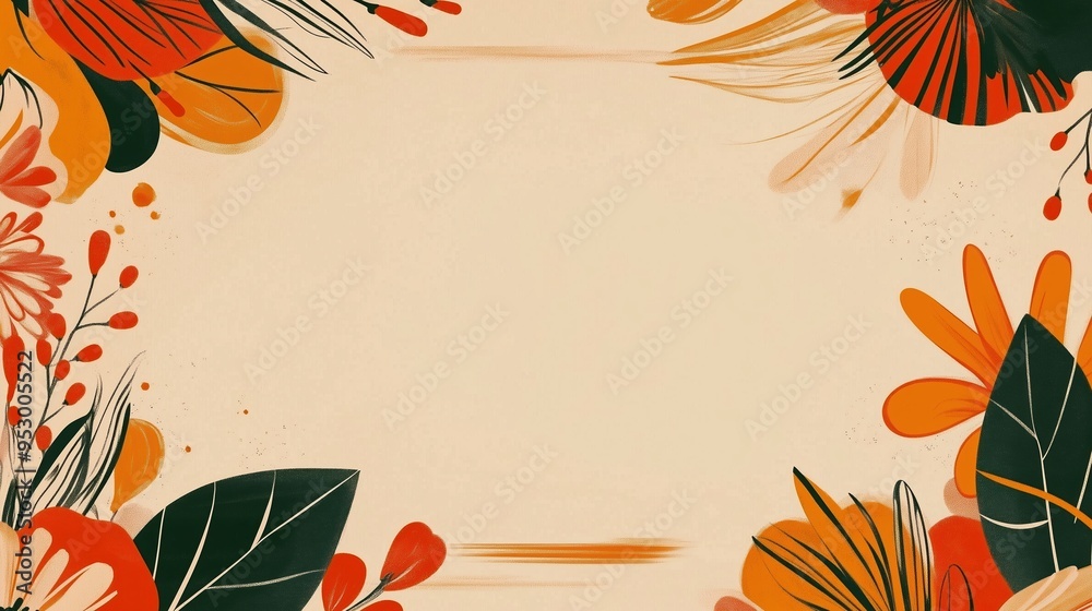 Retro autumn nature background template with hand-drawn cartoon leaves and flowers in sage green, orange, and red tones. Features an empty space in the center for text, perfect for seasonal design pro Retro autumn nature background template with hand-drawn cartoon leaves and flowers in sage green, orange, and red tones. Features an empty space in the center for text, perfect for seasonal design pro