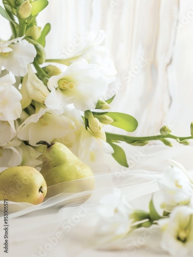 Commercial photograph of a bouquet of freesia and 1 English pear on a white table, the image is crisp and clean with white tulle in the background 