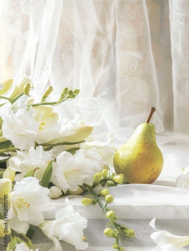 Commercial photograph of a bouquet of freesia and 1 English pear on a white table, the image is crisp and clean with white tulle in the background 