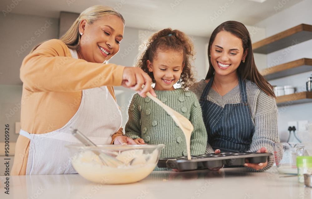 Happy, grandma and child baking with mom, lesson and food for learning to prepare ingredients in home. Grandparent, dessert or mother teaching kid cooking skills for development or breakfast recipe Happy, grandma and child baking with mom, lesson and food for learning to prepare ingredients in home. Grandparent, dessert or mother teaching kid cooking skills for development or breakfast recipe