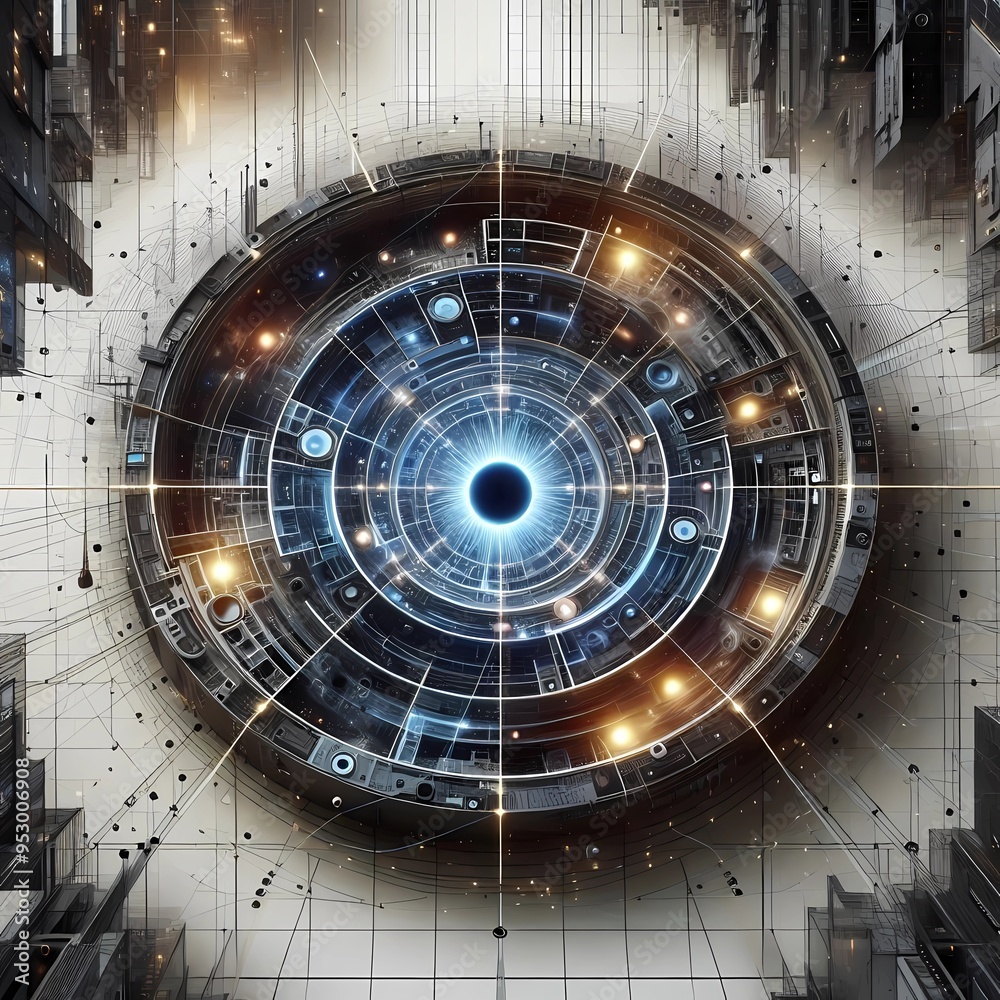Obraz premium MULTICOLOR transdimensional portal in the center of a FUTURISTIC MINIMALIST city created with generative AI.