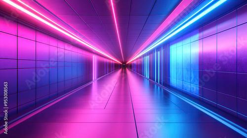 3D render of a long corridor with neon lights and futuristic architecture