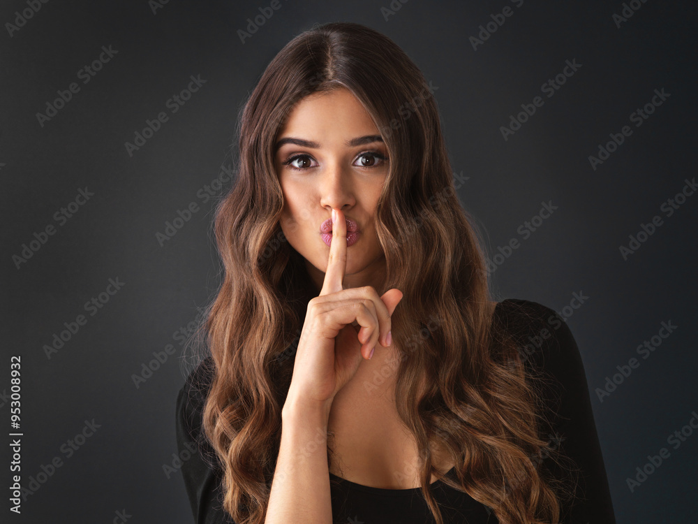 Portrait, secret and woman with finger on lips for confidential hairstyle cosmetic or beauty. Privacy, face and sign for quiet, whisper or shush hand gesture for hair care on black studio background Portrait, secret and woman with finger on lips for confidential hairstyle cosmetic or beauty. Privacy, face and sign for quiet, whisper or shush hand gesture for hair care on black studio background