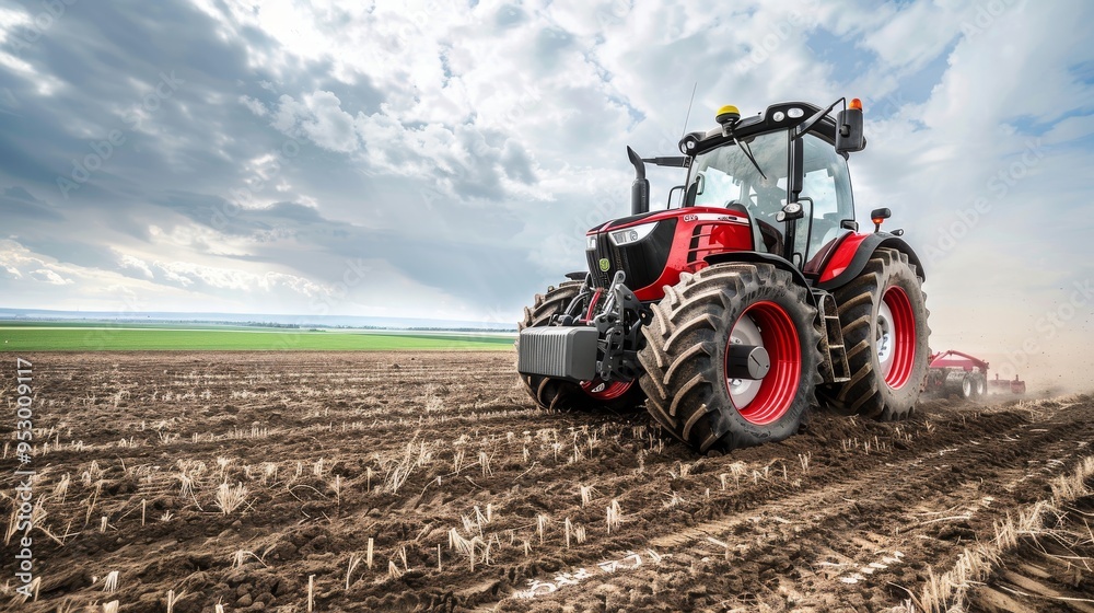Obraz premium Tractor equipped with GPS technology plowing a large agricultural field