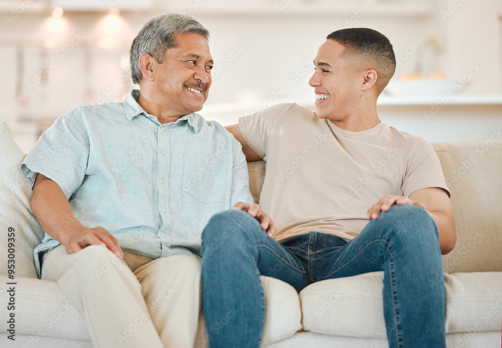 Elderly father, son and bonding as cheerful for weekly visit, gratitude or advice in living room. Senior person, man and conversation in retirement home for wellness, care and support as happy family Elderly father, son and bonding as cheerful for weekly visit, gratitude or advice in living room. Senior person, man and conversation in retirement home for wellness, care and support as happy family