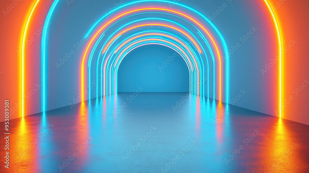 3D render of an empty room with neon light arches on a blue background, 3D render of an empty room with neon light arches on a blue background,