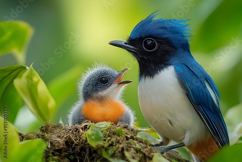 Paradise flycatcher feeding its baby perched on a branch photo