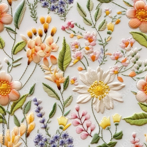 seamless beautiful floral pattern hyperrealistic embroid photo