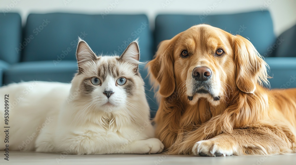 Domestic pets, cats and dogs, cozy home setting, 3D illustration Domestic pets, cats and dogs, cozy home setting, 3D illustration