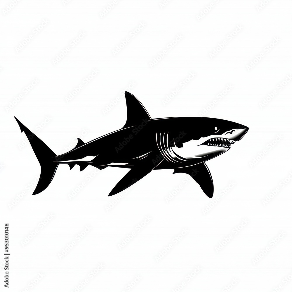 Silhouette of Fierce Shark - Ocean Predator in Black Isolated on White Background Silhouette of Fierce Shark - Ocean Predator in Black Isolated on White Background
