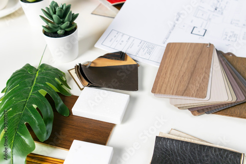 Quadro em tela Interior materials include laminated planks, real wood, white stone material on paper, and interior design