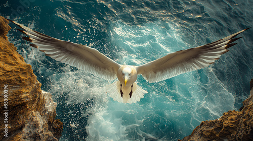 A seagull soaring above the cliffside by the sea