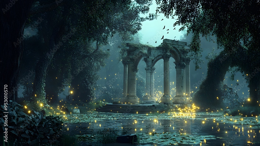 Magical forest clearing with fireflies glowing pond and ancient ruins ...