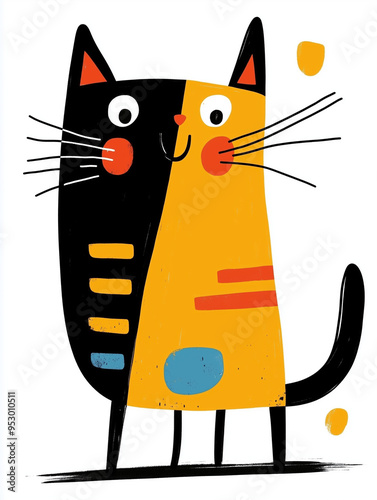 Colorful Modern Cat Illustration in Abstract Style - Playful Cartoon Cat with Bold Shapes and Patterns - Contemporary Art for Kids and Home Decor