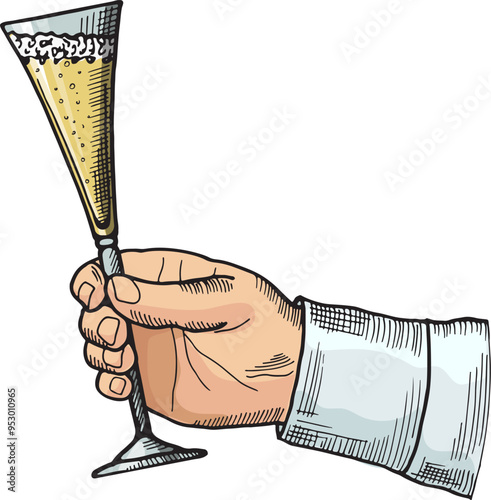 Toast color sketch. Male hand with champagne glass
