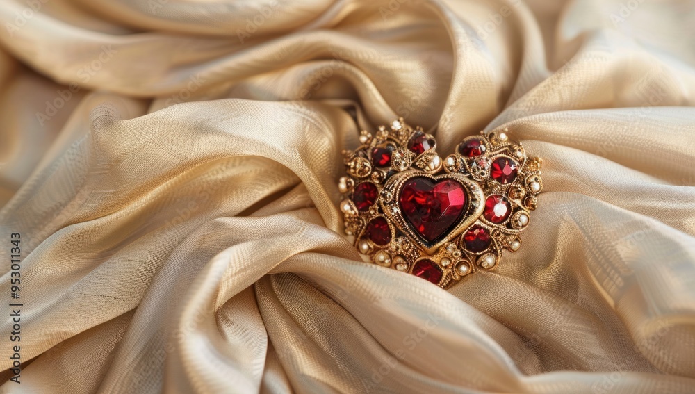 A close up of an elegant heart-shaped brooch with red gemstones and gold accents A close up of an elegant heart-shaped brooch with red gemstones and gold accents
