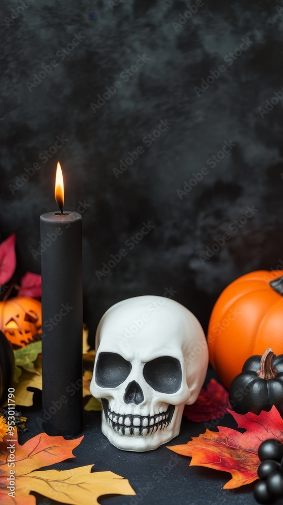 halloween skull and candle with autumn leaves and pumpkins on dark background. halloween skull and candle with autumn leaves and pumpkins on dark background.