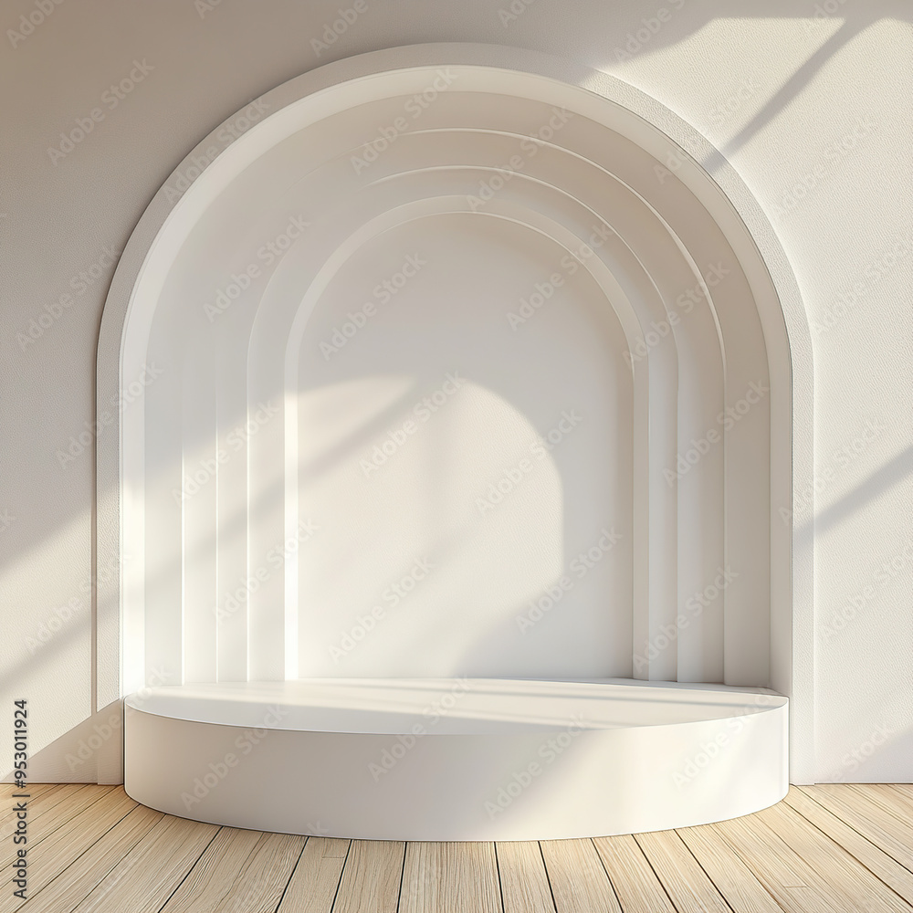 3D render of a podium with an arched wall background for product presentation, 3D render of a podium with an arched wall background for product presentation,