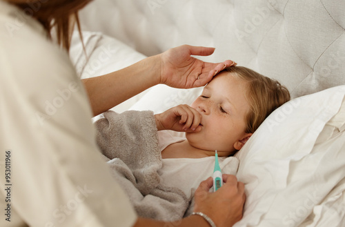 Mom, hand or thermometer for sick child coughing in bed to monitor temperature for fever or covid infection. Parent, kid or checking for cold, illness or flu in home for forehead or mpox symptoms