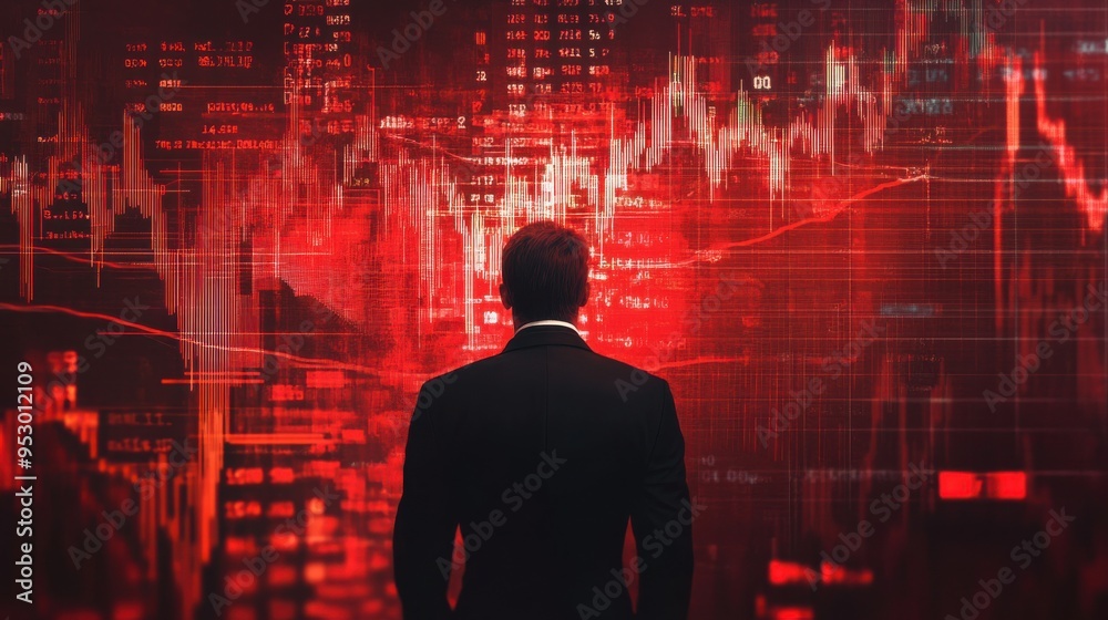 Economy recession and crisis concept with confused trader back view looking at digital falling down red financial chart candlestick and diagram on background, double exposure Economy recession and crisis concept with confused trader back view looking at digital falling down red financial chart candlestick and diagram on background, double exposure