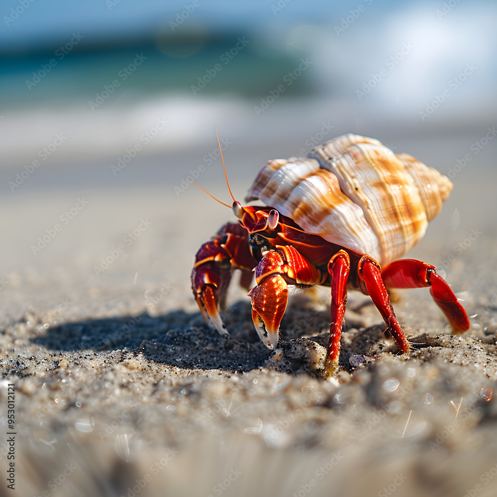 Red hermit crab is carrying its shell across a sandy beach Red hermit crab is carrying its shell across a sandy beach