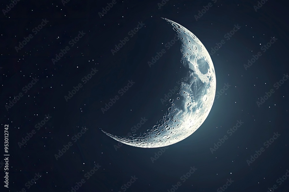 Naklejka premium Detailed Crescent Moon in the night sky. Crescent Moon on black background with space for Ramadan theme , ai