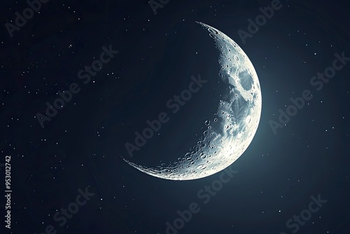 Detailed Crescent Moon in the night sky. Crescent Moon on black background with space for Ramadan theme , ai