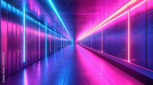 3D render of a long corridor with neon lights and futuristic architecture