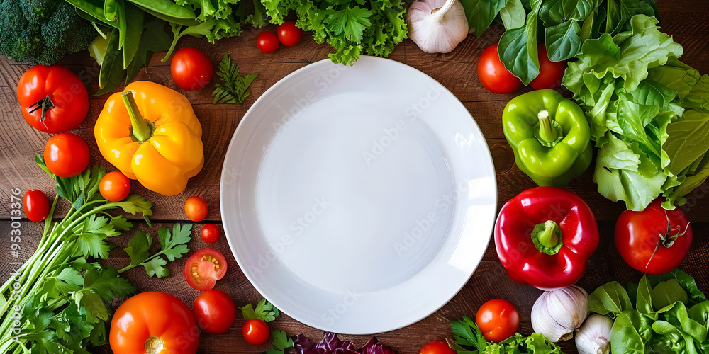 Vibrant vegetables arranged around an empty plate, perfect for vegan meal preparation in bright light Vibrant vegetables arranged around an empty plate, perfect for vegan meal preparation in bright light