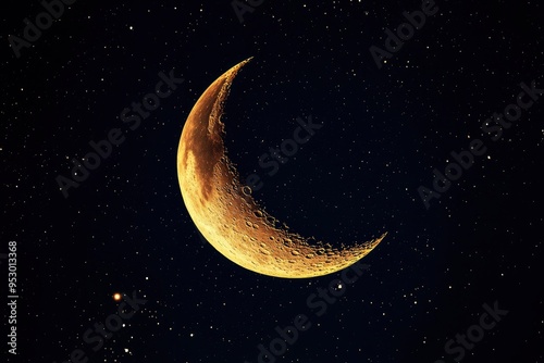 Detailed Crescent Moon in the night sky. Crescent Moon on black background with space for Ramadan theme , ai