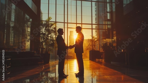 Businessmen shaking hands in a highrise office, dramatic lighting, focus on power and success photo