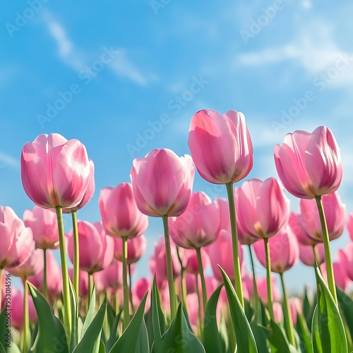 Field of pink tulips with blue sky during the daytime , Flower and agriculture concept 