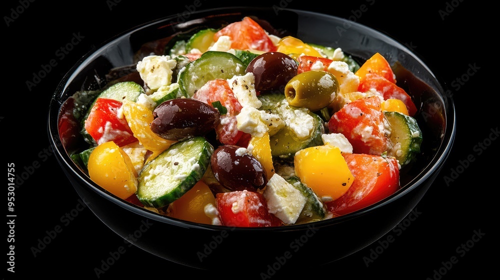 A vibrant salad featuring cucumbers, tomatoes, olives, and feta cheese in a black bowl. A vibrant salad featuring cucumbers, tomatoes, olives, and feta cheese in a black bowl.