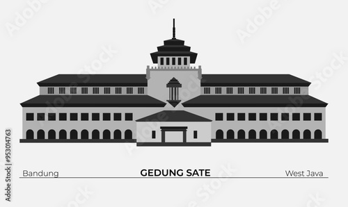 Flat illustration of Gedung Sate Bandung, Indonesia