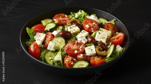 A fresh salad featuring lettuce, cherry tomatoes, cucumbers, olives, and feta cheese.