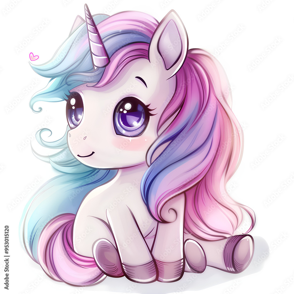 Adorable Chibi Unicorn with Pastel Pink, Purple, and Blue Mane - Cute Cartoon Illustration Adorable Chibi Unicorn with Pastel Pink, Purple, and Blue Mane - Cute Cartoon Illustration