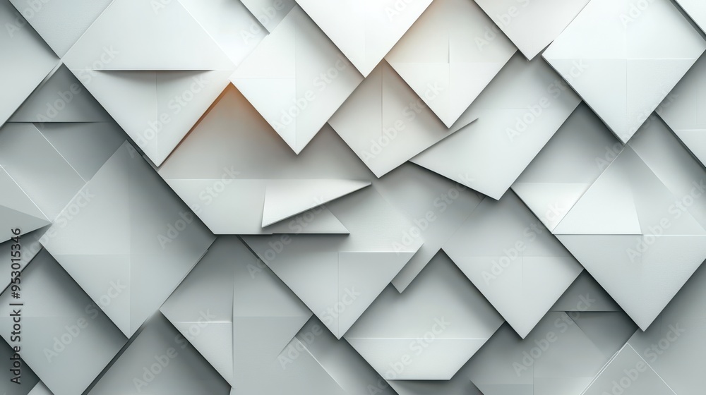 3D render of an abstract white geometric background with a minimal triangular frame and layers of blank cards for a flat lay banner template. 3D render of an abstract white geometric background with a minimal triangular frame and layers of blank cards for a flat lay banner template.