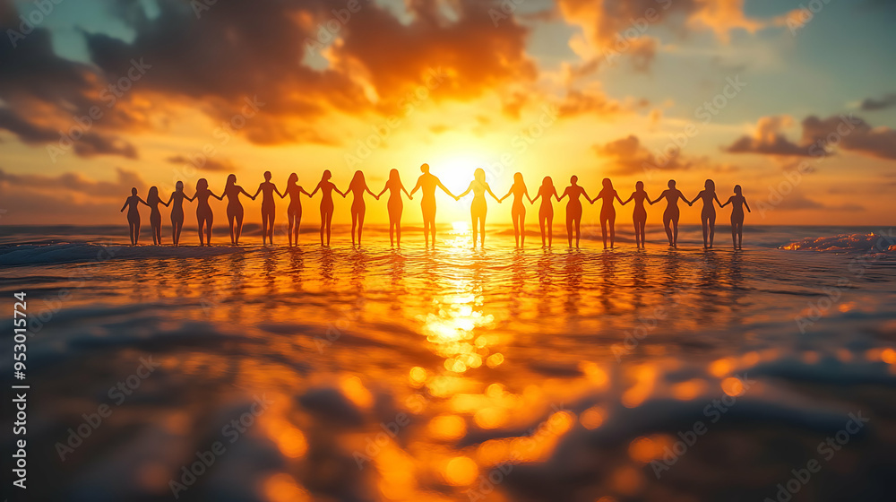 Women Stand Together in Unity at Sunrise, Celebrating Equality Day Women Stand Together in Unity at Sunrise, Celebrating Equality Day