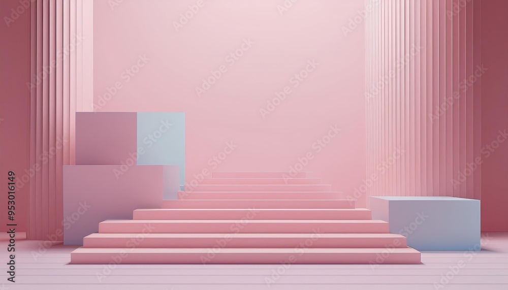 3D Pink stairs leading up to a light blue platform with pink pillars on either side, 3D illustration 3D Pink stairs leading up to a light blue platform with pink pillars on either side, 3D illustration